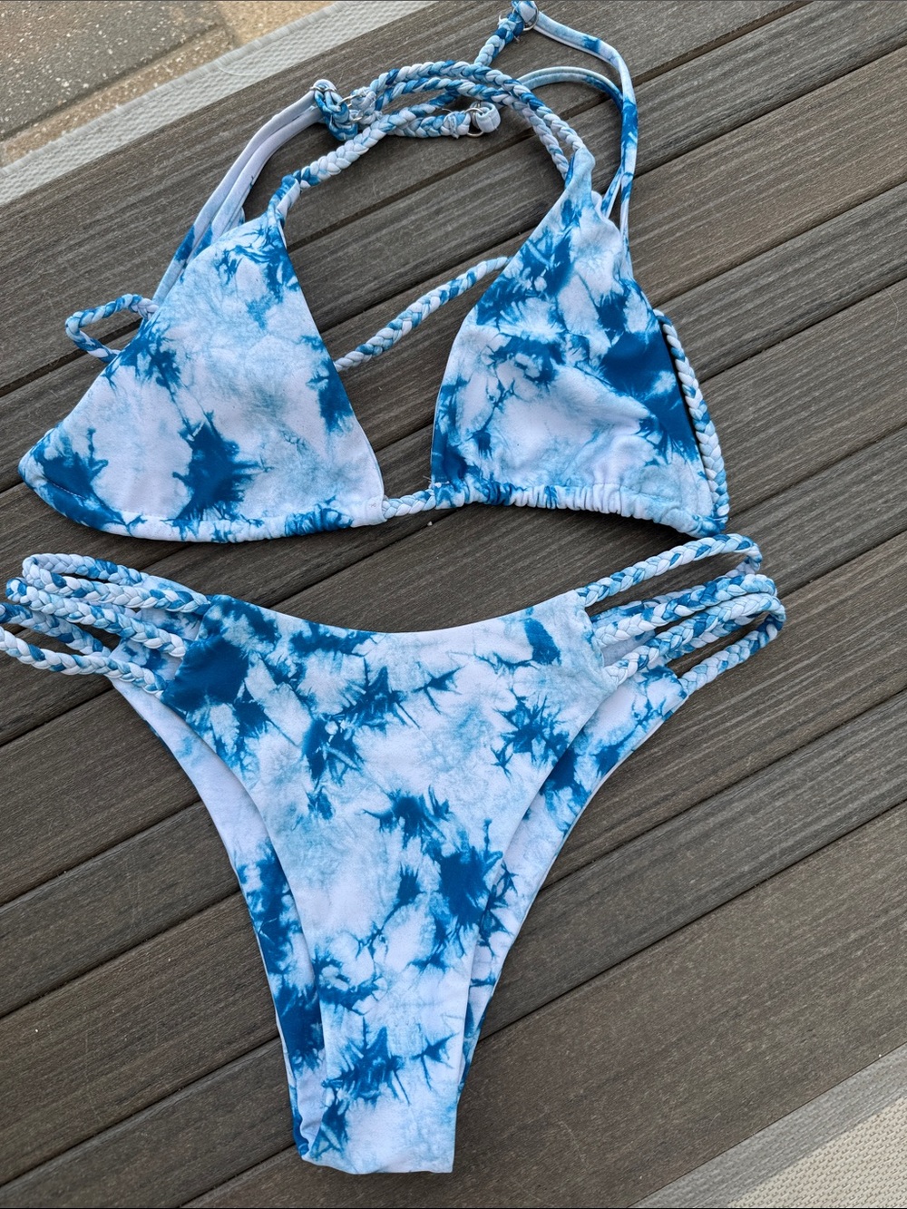 Zaful Blue and White Tie-Dye Braided Strap Bikini Sz L